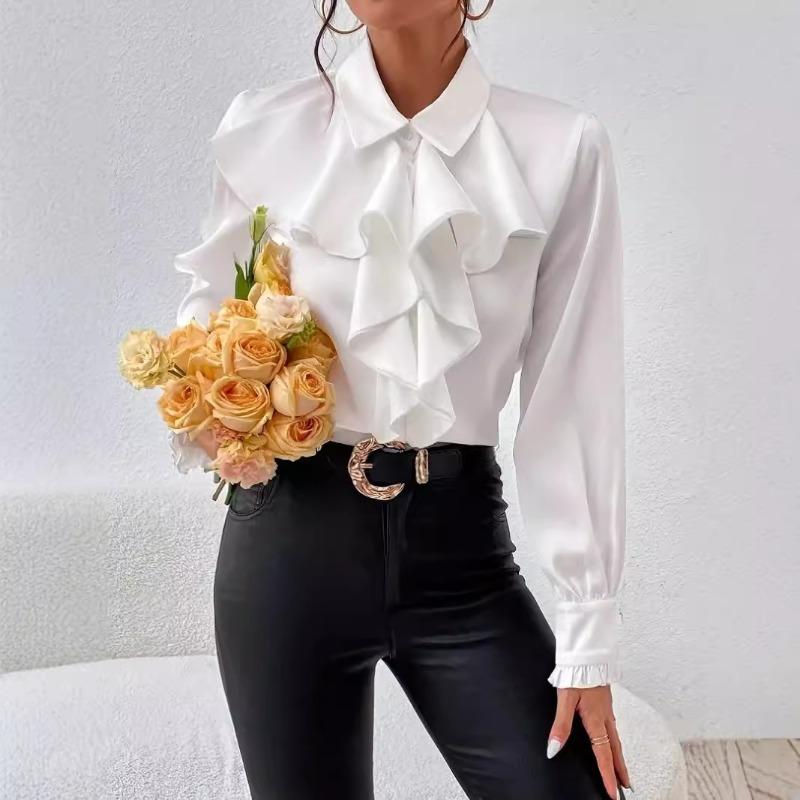 Spring Fashion Ruffled Turn Down Collar White Shirt for Women Elegant Slim Fit Casual Loose Women's Blouses Tops Solid Simple Office Lady Shirts 26476