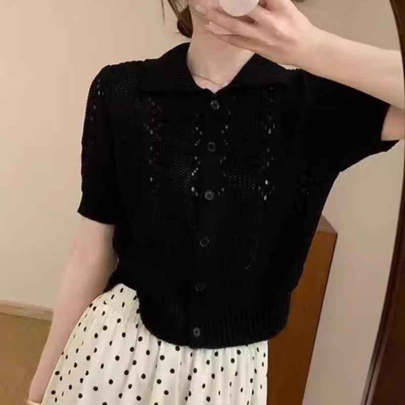 Summer Ice Silk Hollow Blue Lapel Short-sleeved Knitted Sweater Women's New Commuter Versatile Chic Polo Top
