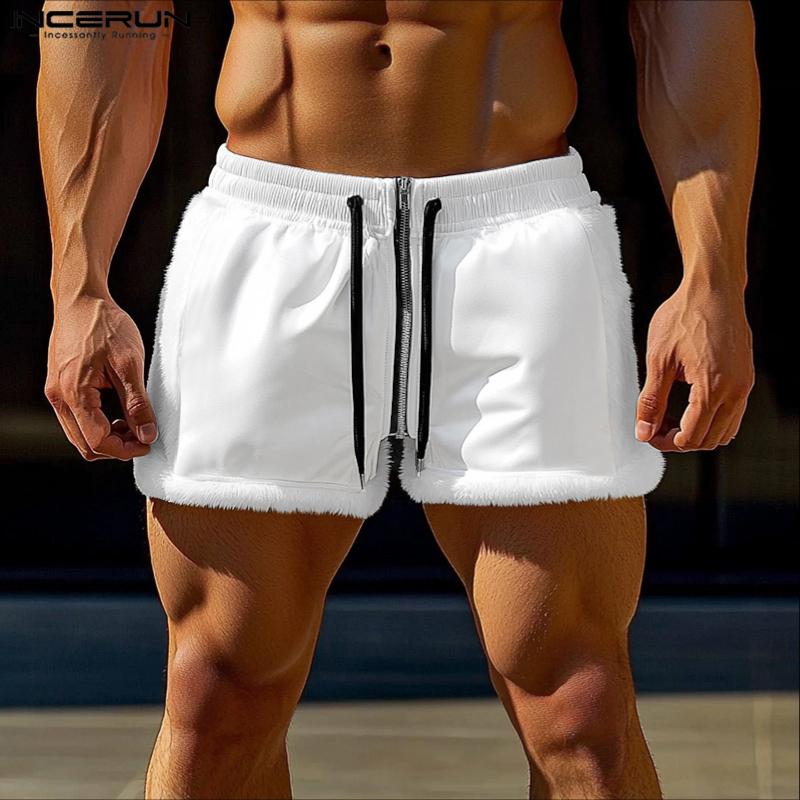 INCERUN Pánské mini kraťasy se stahovací šňůrkou, šitím, elastickým pasem, chlupatou patchworkovou domácí obuví