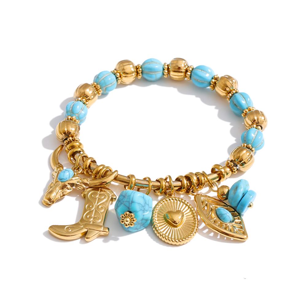 Yhpup 2026 Stainless Steel Handmade Jewelry Turquoise Stone Beads Chain Shoes Heart Leaf Drop Charm Statement Bracelet Bangle
