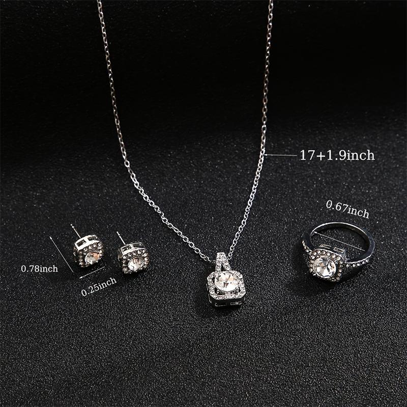 Korean  Square Zircon Pendant Necklace For Women'S Exquisite Light Luxury Versatile Style Necklace Earrings Ring Gift
