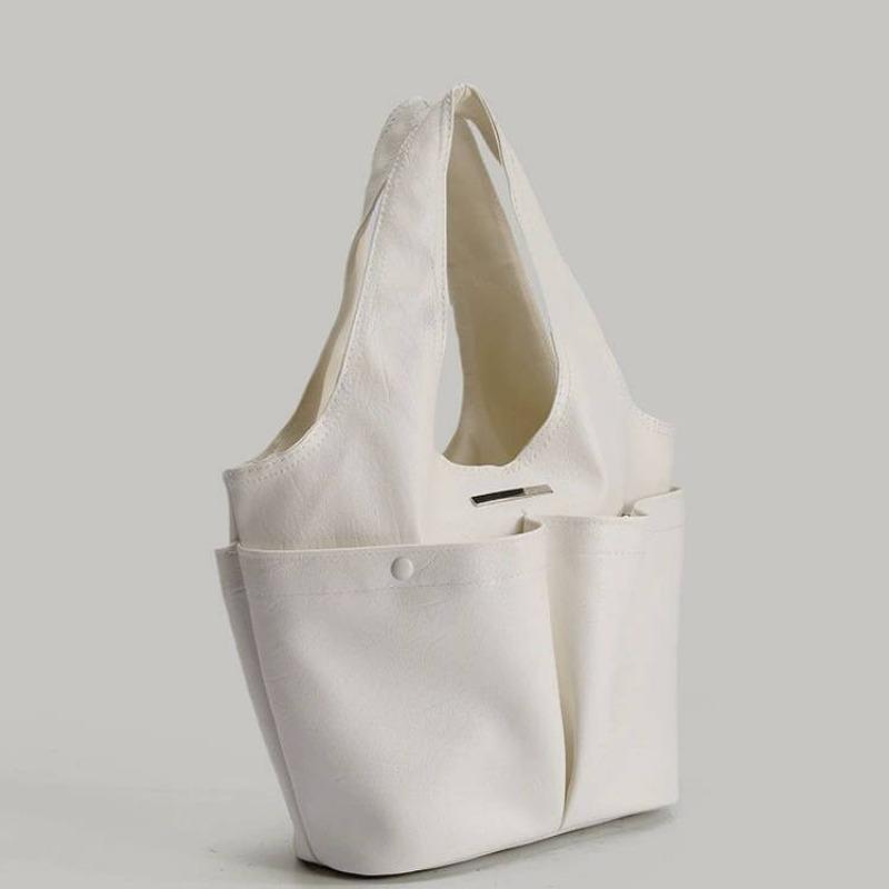 Pleated Double Pocket Tote Women's Large Capacity Commuter Tote Bag Casual Basket Bag