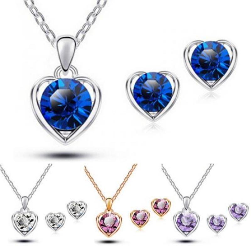 Women's Fashion Jewelry Heart Pendant Necklace Ear Studs Earrings Set