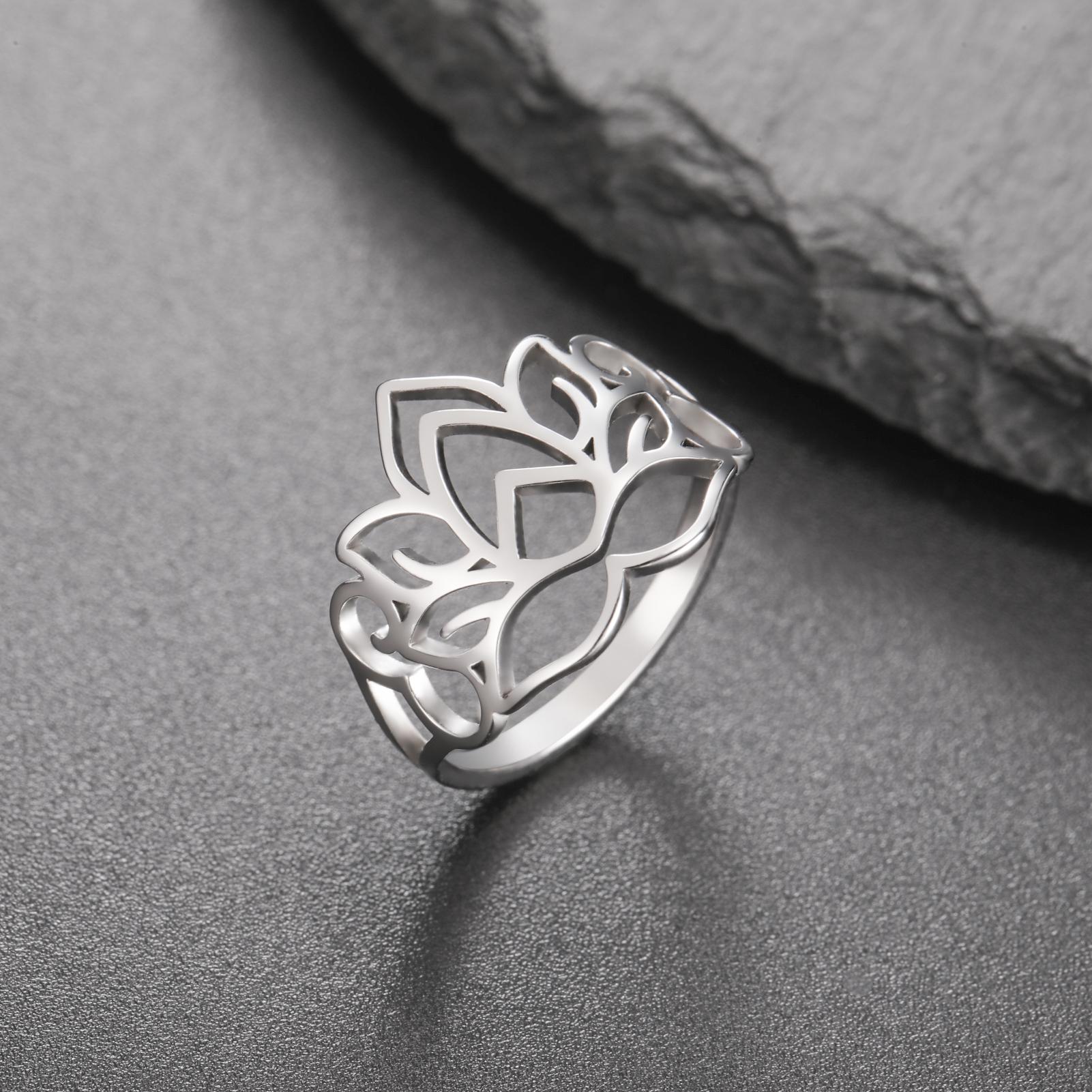 LIKGREAT Lotus Flower Ring Minimalist Lotus Rings Stainless Steel Jewelry Buddhism Spiritual Protection Amulet For Women Gift 7