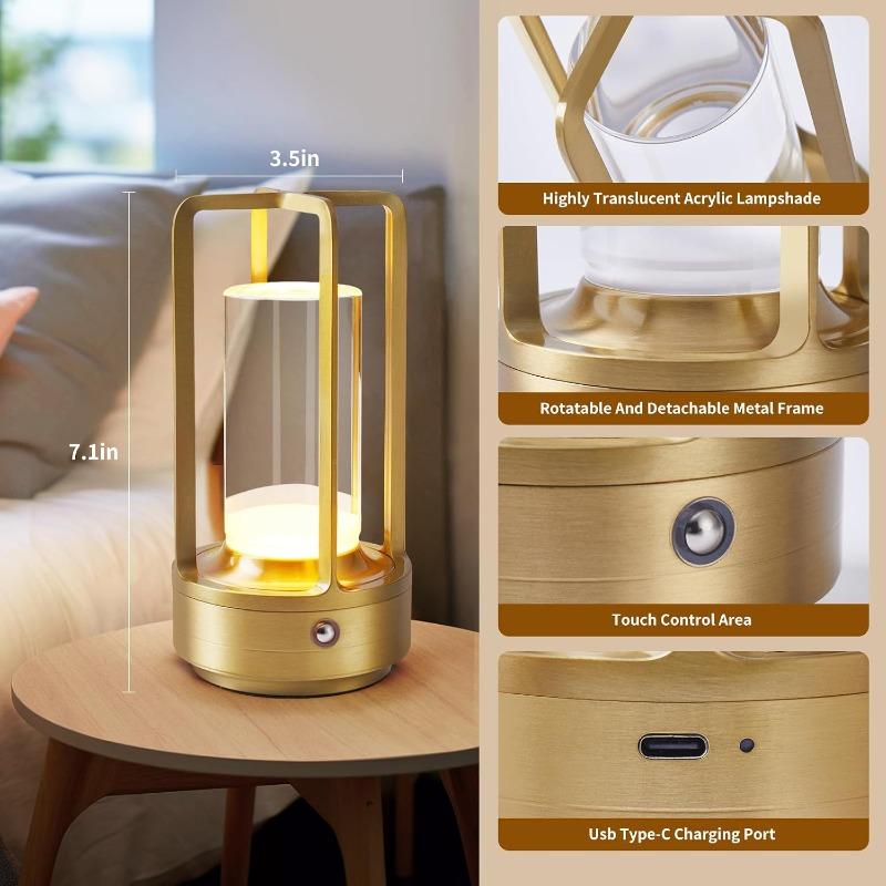 Portable Metal Cordless Table Lamp Touch Sensor Rechargeable LED 3-Color Dimmable Night Light for Bedroom Restaurant Home Outdoor Decor