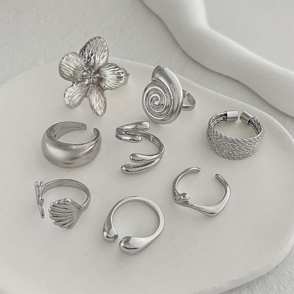 Ocean vacation style conch fan shell ring set ins style metal flower opening ring for women