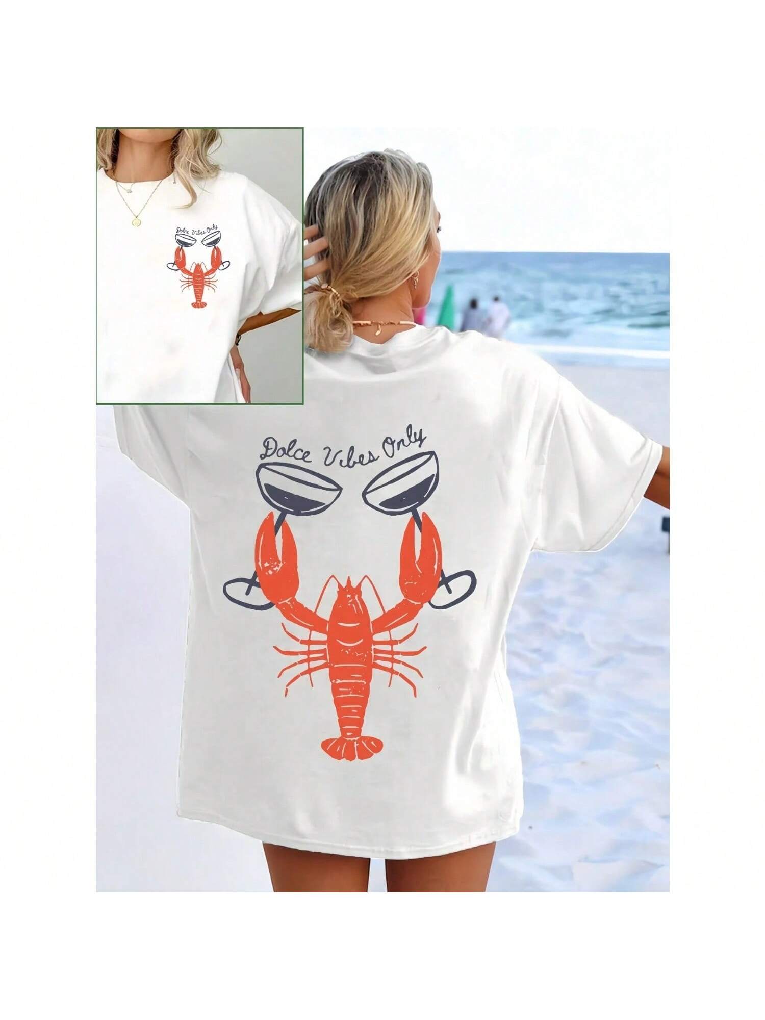 

Lobster And Wine Glass Print Short-Sleeved T-Shirt Casual And Versatile Style Suitable For Summer Daily Wear And Going Out S