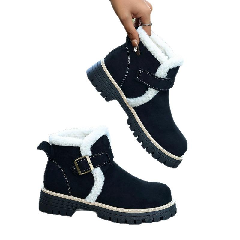 Fleece platform British style plus size cotton shoes women's 2025 winter new warm round toe buckle hairy booties