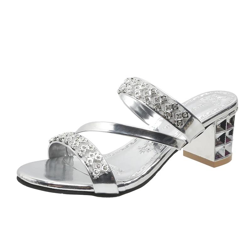 BKQU Shiny Gold Silver Women's Sandals Summer  Crystal High Heels Party Shoes Woman Comfortable Thick Heel Slides