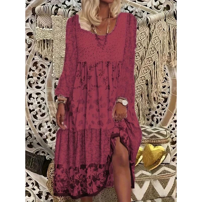 Women Long Sleeve Printed Round Neck Casual Dress