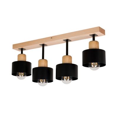 Black Ceiling Lamp Made of Wood and Metal In Scandinavian Style, 4xE27, Modern LED Lighting for Living Room, Kitchen, Bedroom, Children's Room, Loft