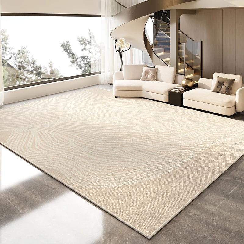 Minimalistyczny dywan w kremowym stylu do salonu na dużej powierzchni, mata podłogowa, sofa, stolik kawowy i koc do dekoracji domu