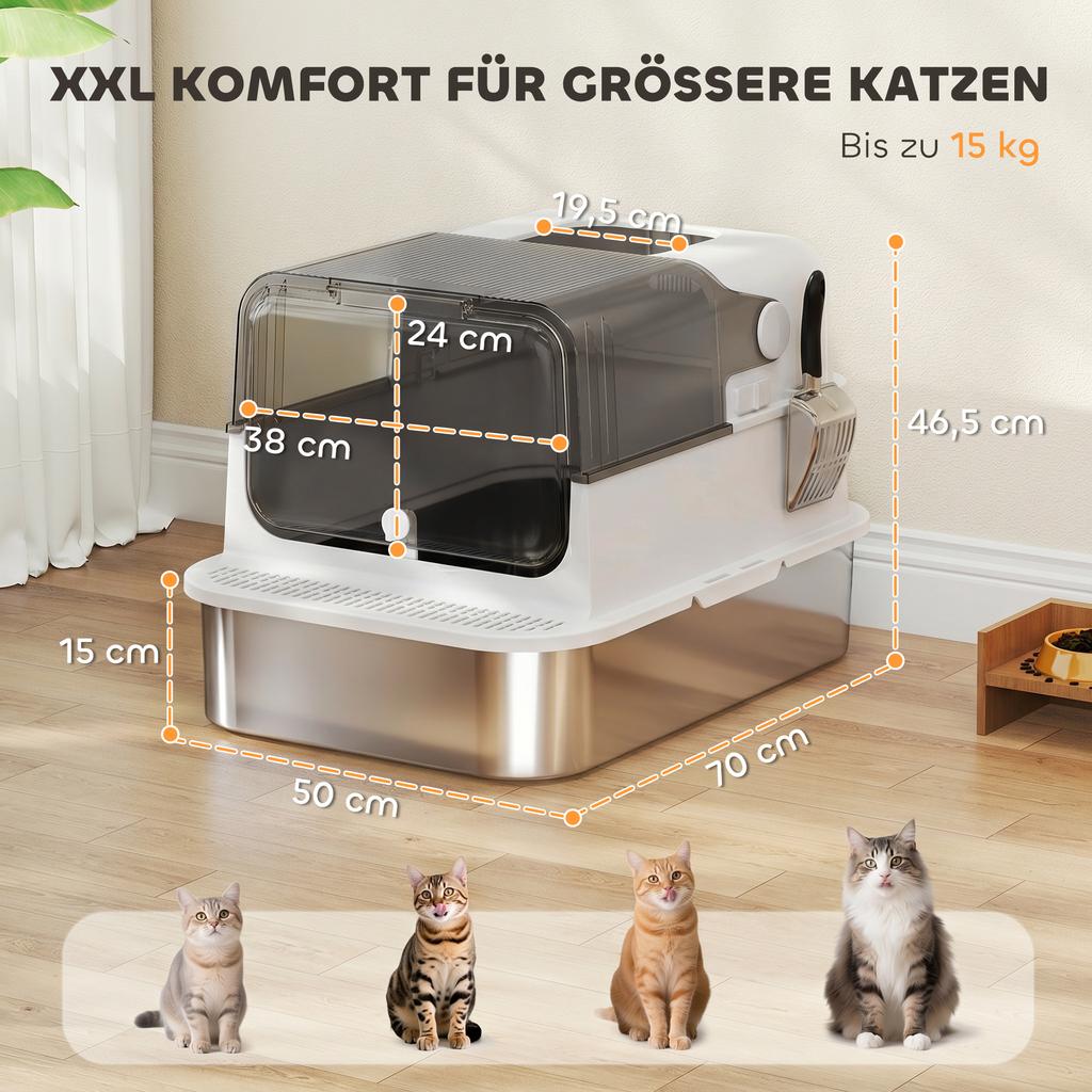 Stainless Steel Cat Litter Box with Lid XXL 72L for Large Cats and Multiple Cats with Double Doors, Scoop, Pedal, Anti-Leak