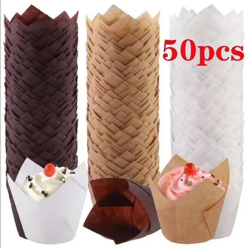 50 ks papírových kelímků na tulipánový dort, dezertní muffin, plamenné kelímky, jednorázové pečení, odolné vůči vysokým teplotám a oleji, papírový tácek