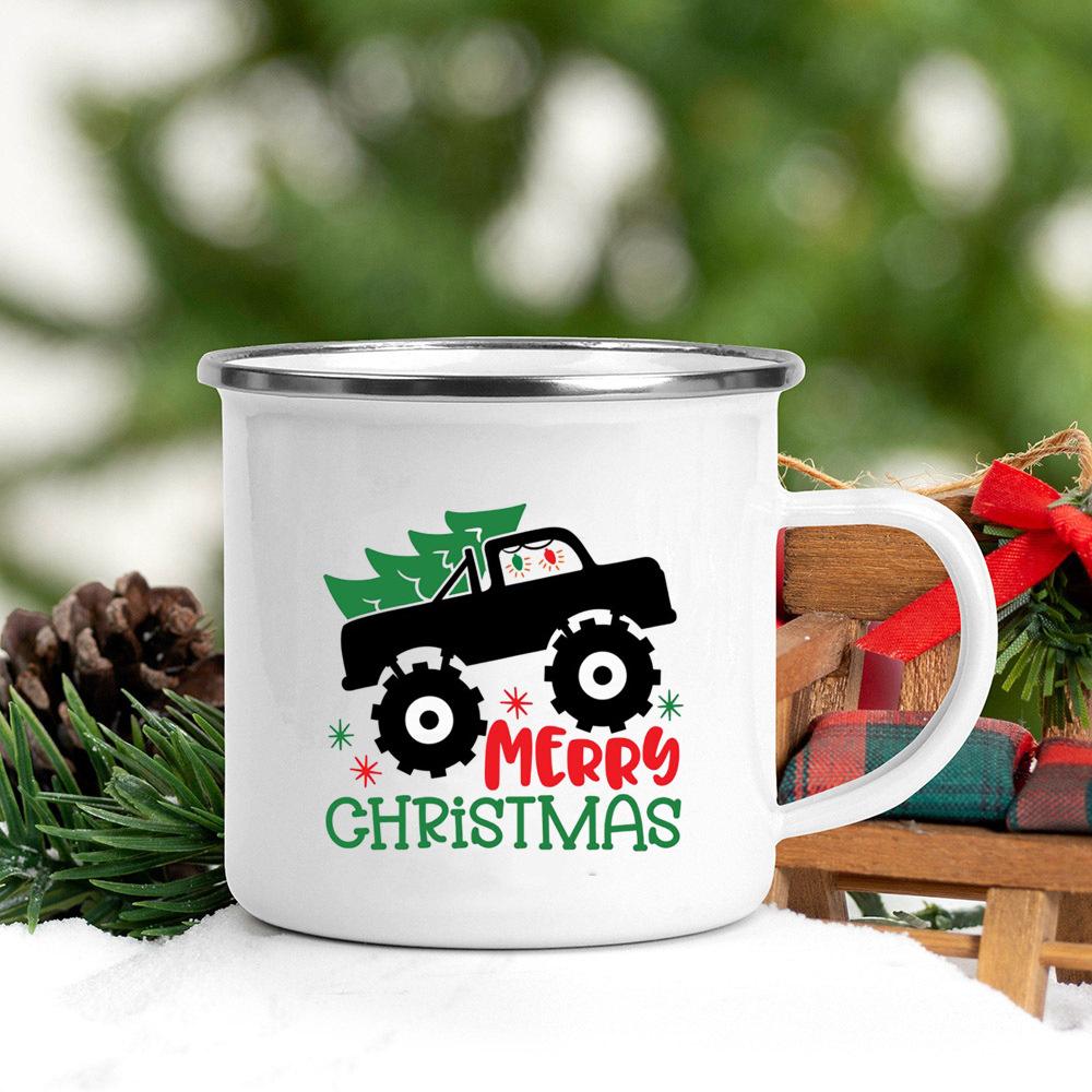 Santa Snowman Print Coffee Mugs Enamel Hot Cocoa Chocolate Cup Kids Breakfast Milk Oatmeal Cups Handle Xmas Decor Holiday Gifts