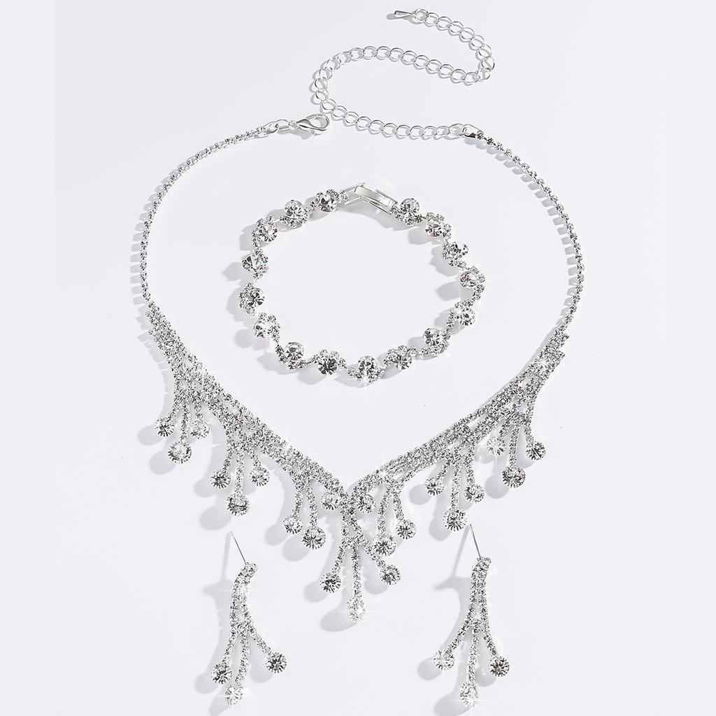 Exaggerated Full Diamond Bracelet Collarbone Chain Pearl Necklace Stud Earrings Women'S Jewelry High-End Women'S Light Luxury Set