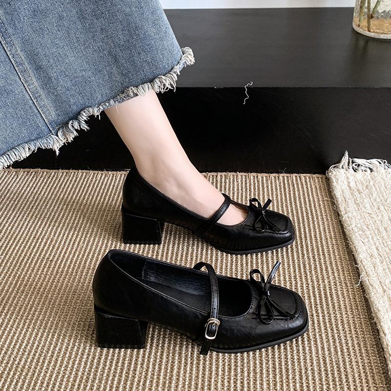 Retro Thick Heel Evening Shoes Single Shoes Women's Shoes New Spring and Autumn Black Mary Jane Small Leather Shoes