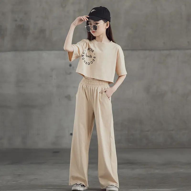 

Детские комплекты для девочек Модный костюм Повседневный комплект из двух предметов с короткими рукавами и широкими штанами 140