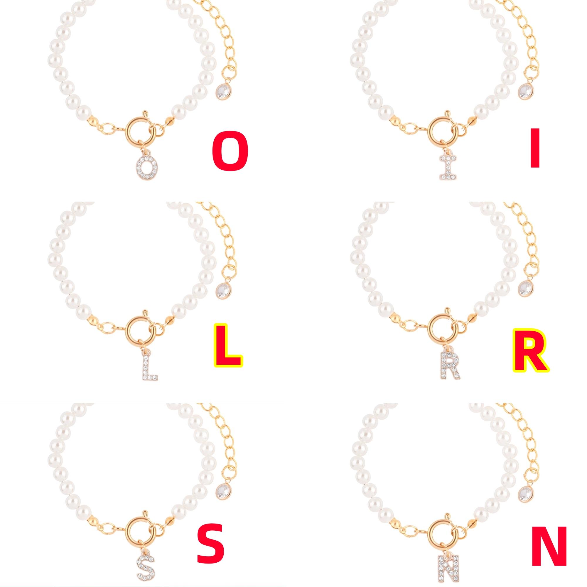 

Delicate Gold Silver Plated Copper CZ Zircon 26 Letter Simulated Pearl Beaded Chain Charm Bracelets for Women S