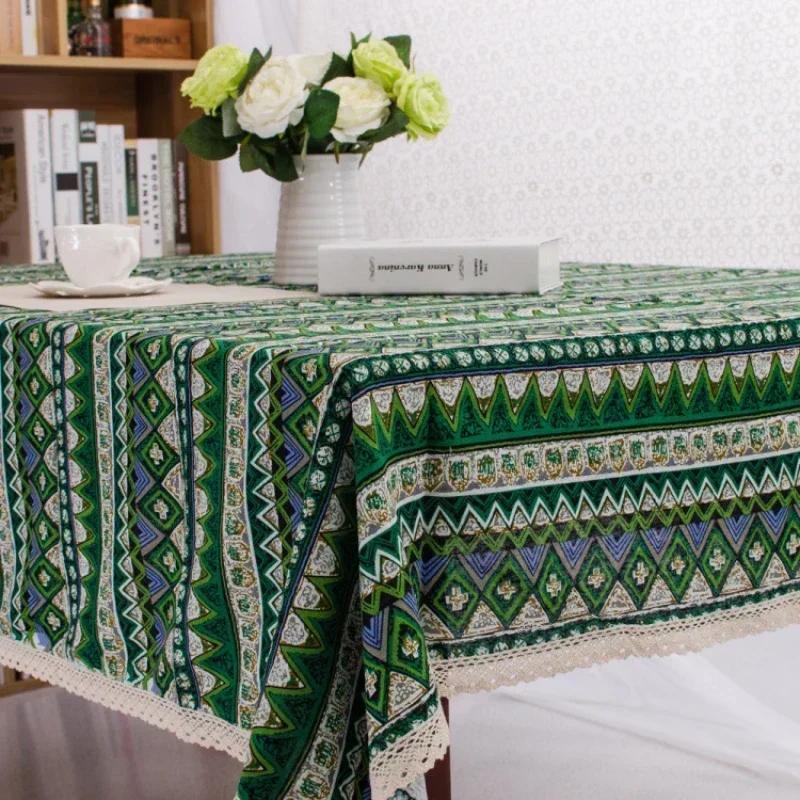 Cotton Linen Striped Desk Cover Hotel Dining Table Cloth Dust Cover Cloth Household Dustproof Decorative Ethnic Tablecloth