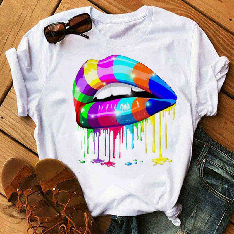 Lippen Reine Baumwolle Bedruckt Unisex und Damen Modetrend T-Shirt Sommer Neu Personalisiert Rundhals Locker Lässig T-Shirt