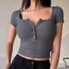 Spring and Summer Short Sleeves Sexy Silm Slim Looking Pure Color Women's Tops Stylish Square Collar Button Sexy All-Matching T-shirt