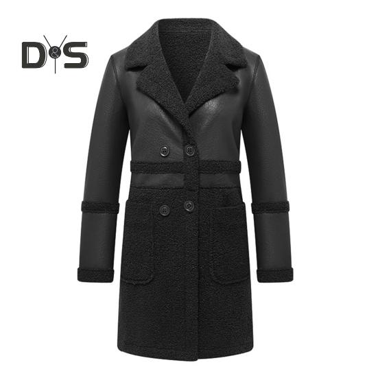 

Осенне-зимняя женская куртка из утолщенной плюшевой искусственной кожи в стиле пэчворк средней длины с накладными карманами и двубортным отложным воротником, пальто XL чёрный