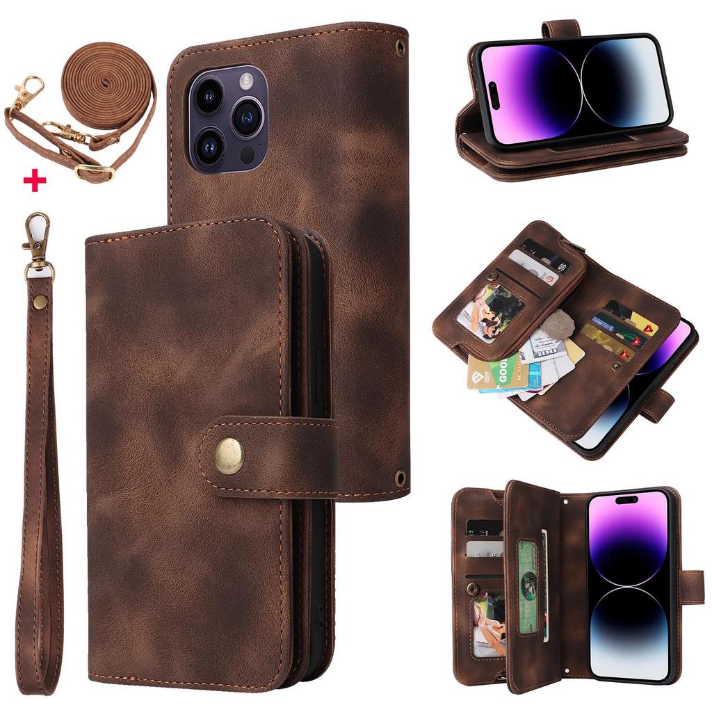 Wallet Leather Zipper Purse Multi Card Slots Crossbody Lanyard Bag Case for iPhone 15 14 Plus 12 13 11 Pro Max for Samsung S23 S22 S21 S20 Ultra Plus