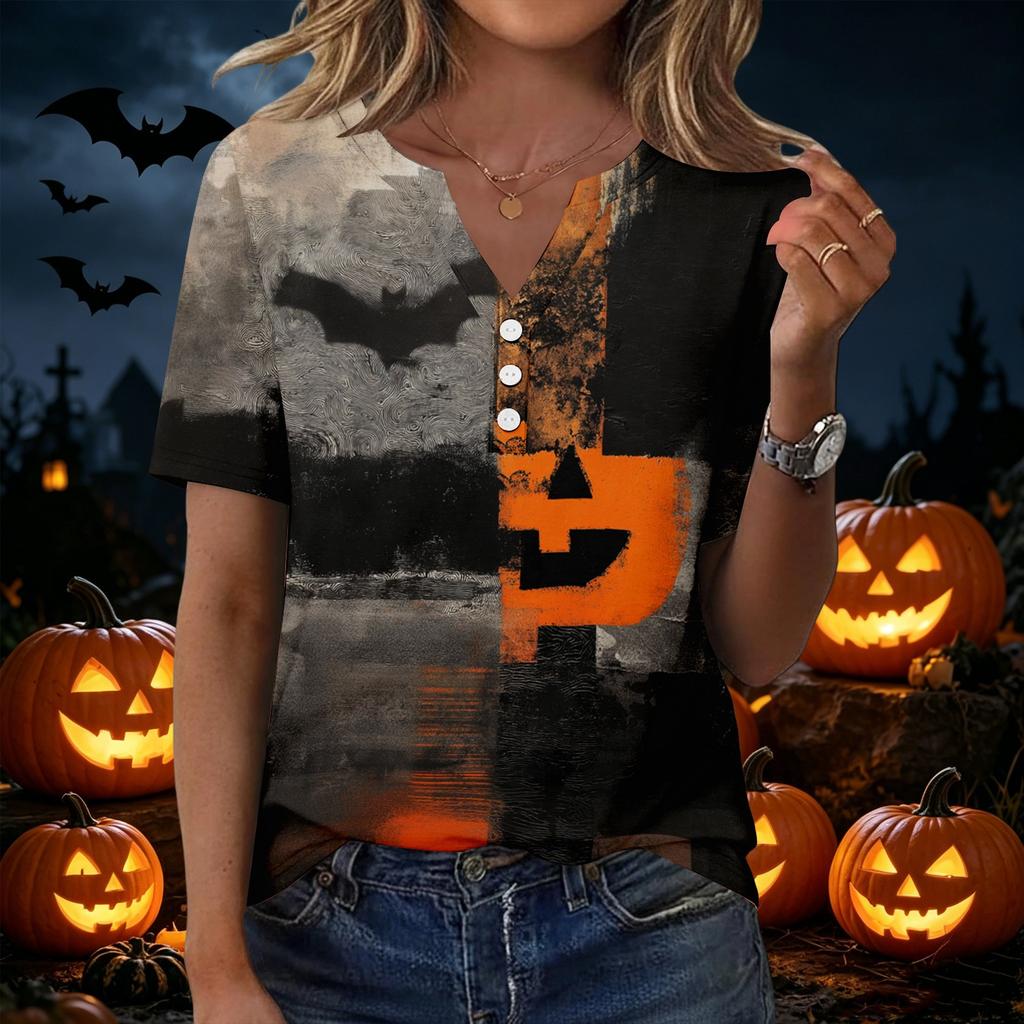 Women Casual V Neck Short Sleeve Button Front T Shirt Halloween Pumpkin Bat Print Split Design Top