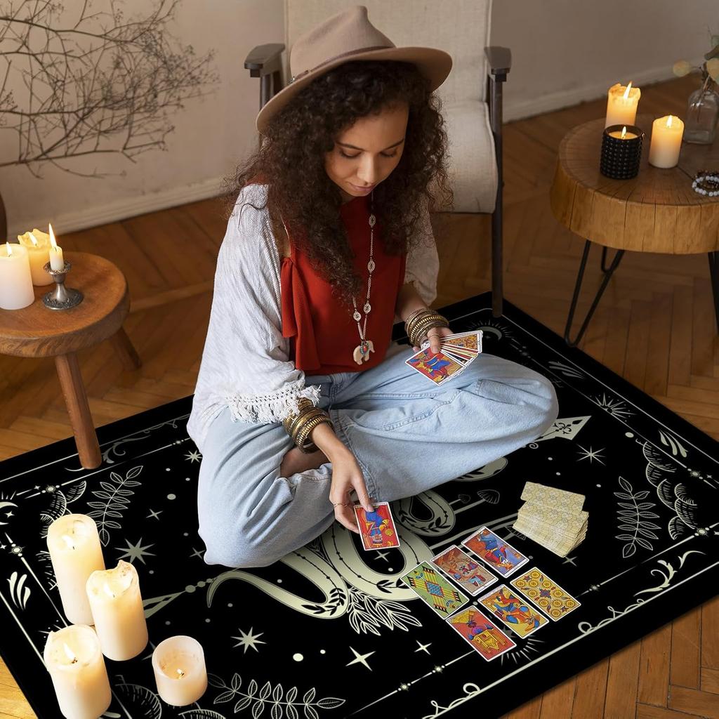Bohemian Celestial Print Rug, Black & Beige Snake & Star Non-Slip Floor Mat for Living Room Bedroom Witchy Home Decor Carpet