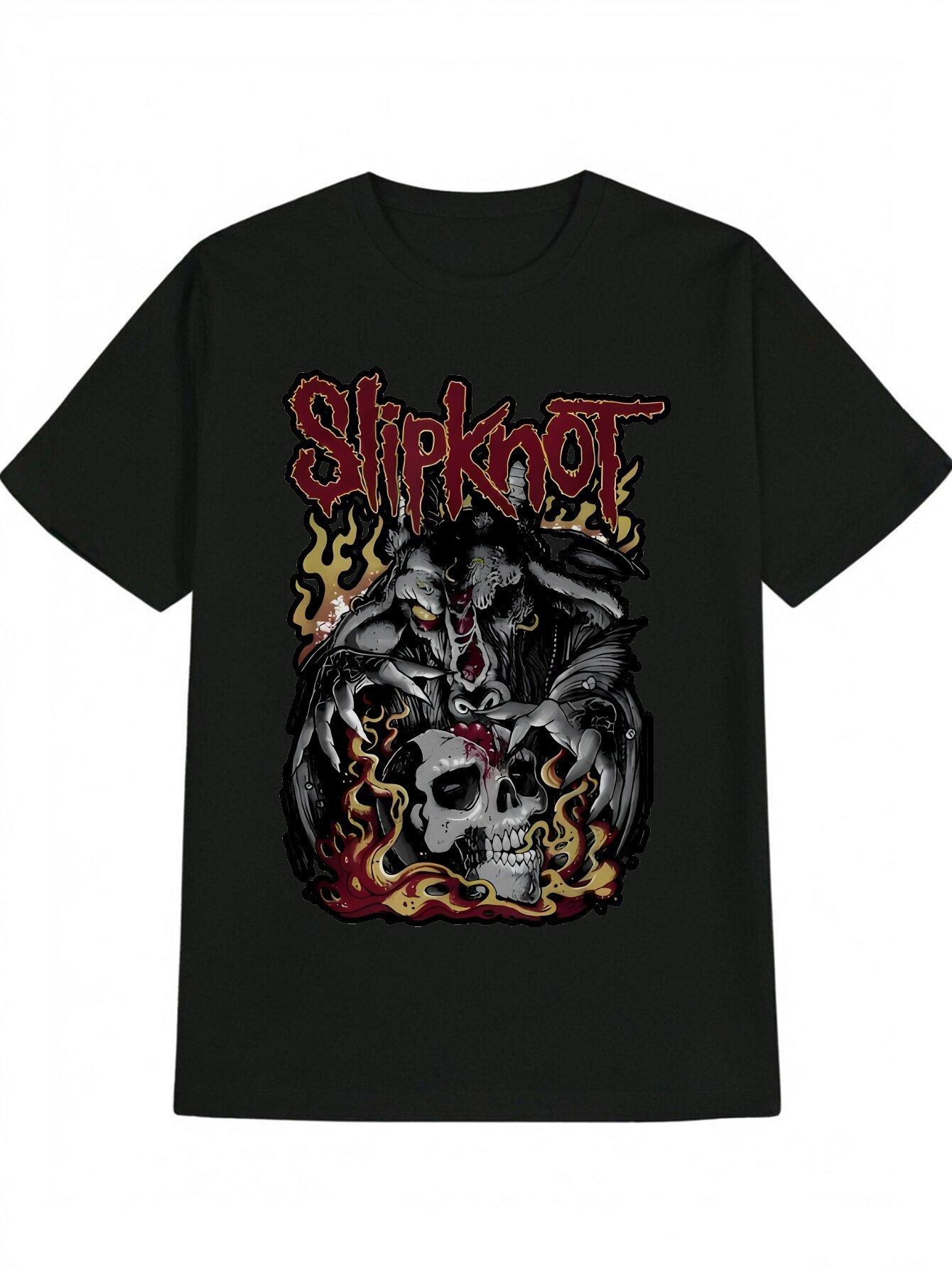 1pc Casual Crew Neck T-shirt with Shipknot Skull Print - Polyester Knit Fabric M