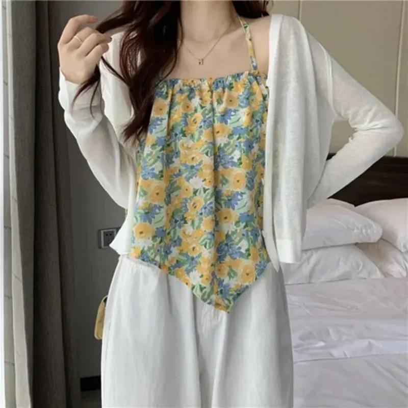 Volný letní styl Vesta s malým popruhem Ženy Vnitřní oblečení Květinový design Trendy Outdoorové oblečení Retro Polyester Délka