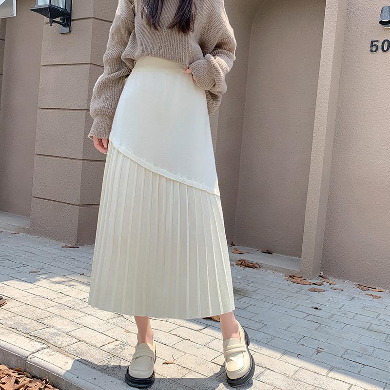 Black Knit Skirt Female Autumn and Winter High Waist A-line Skirt Long Slim Irregular Pleated Skirt