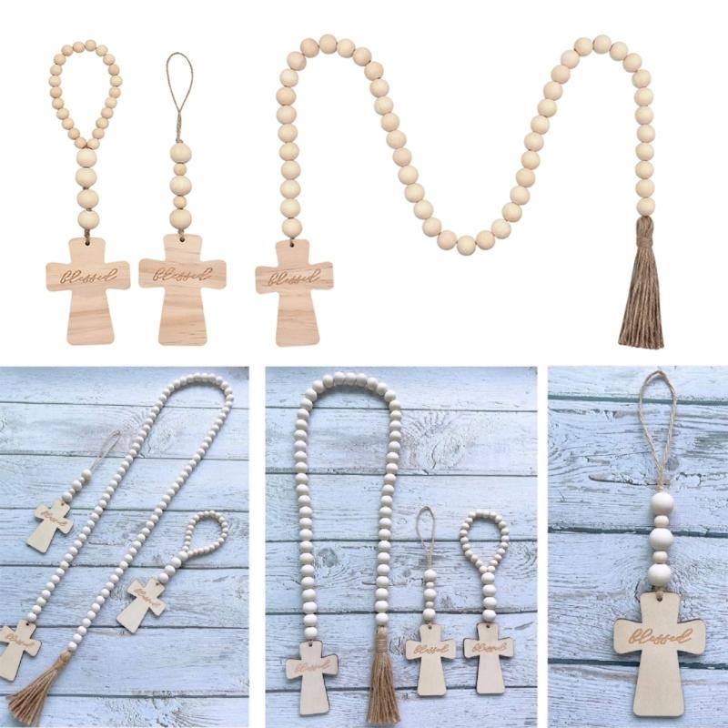 Cross Wood Bead Garlands with Tassels Decorative Birthday New Year Party Decor