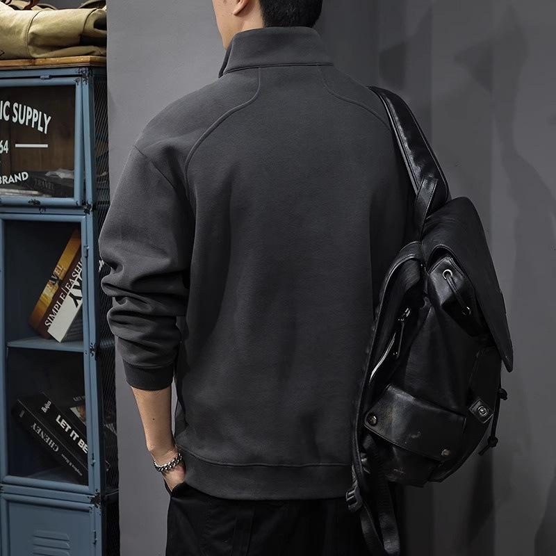 Autumn Winter Brushed Embroidered Men's Sweatshirt American Retro Half Zipper Stand Collar POLO Shirt Loose Pullover