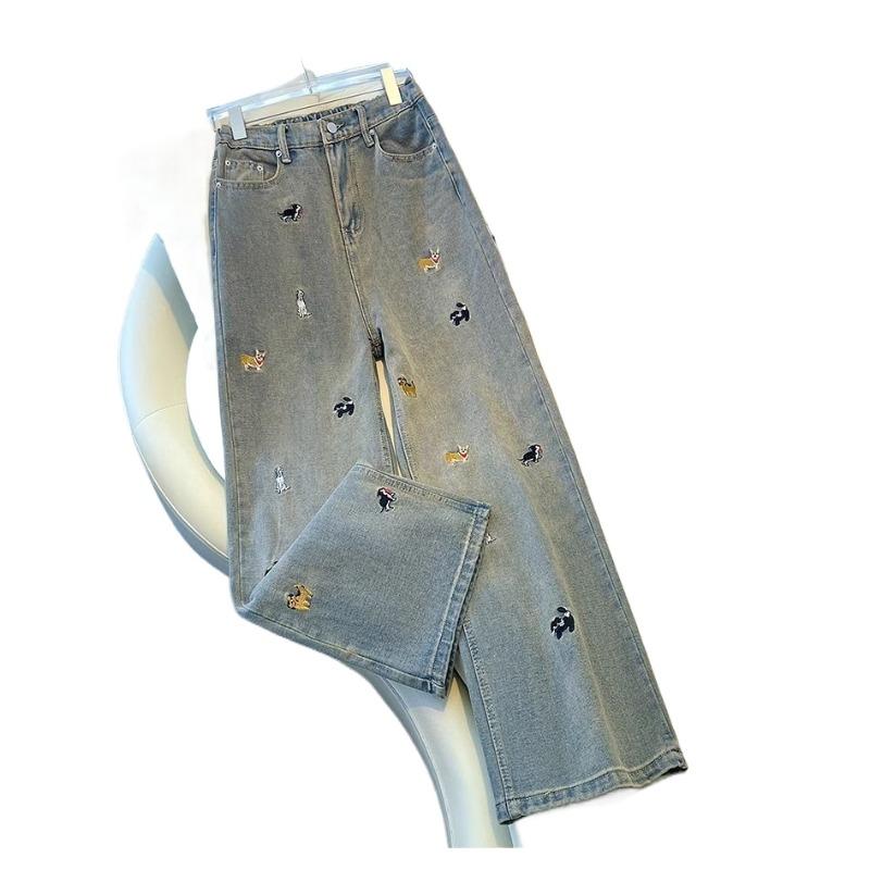 Dog Embroidered Women's Jeans Half Elastic High Waisted Slimming Straight Pants American Style Loose Woman Wide Leg Pant