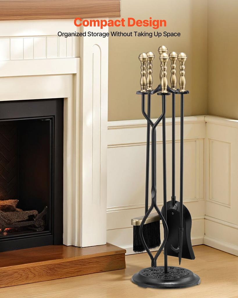 Fireplace Tool Set, 5 PCS Fire Tool Set and Holder with Five-Prong Stand, Tongs, Ash Shovel, Brush, Fire Place Poker, Wrought Iron Fireplace