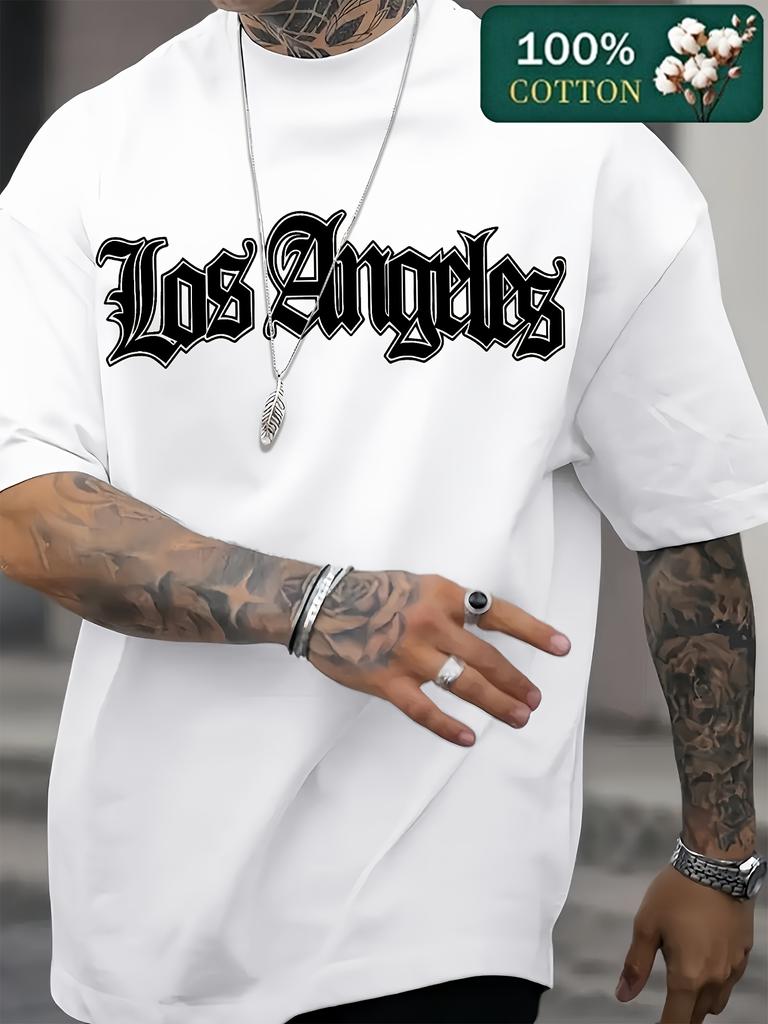 Summer 100 Pure Cotton Unisexs Casual Fashion Los Angeles Letter Pattern Print Loose Sports Round Neck Short Sleeved Tshirt Top