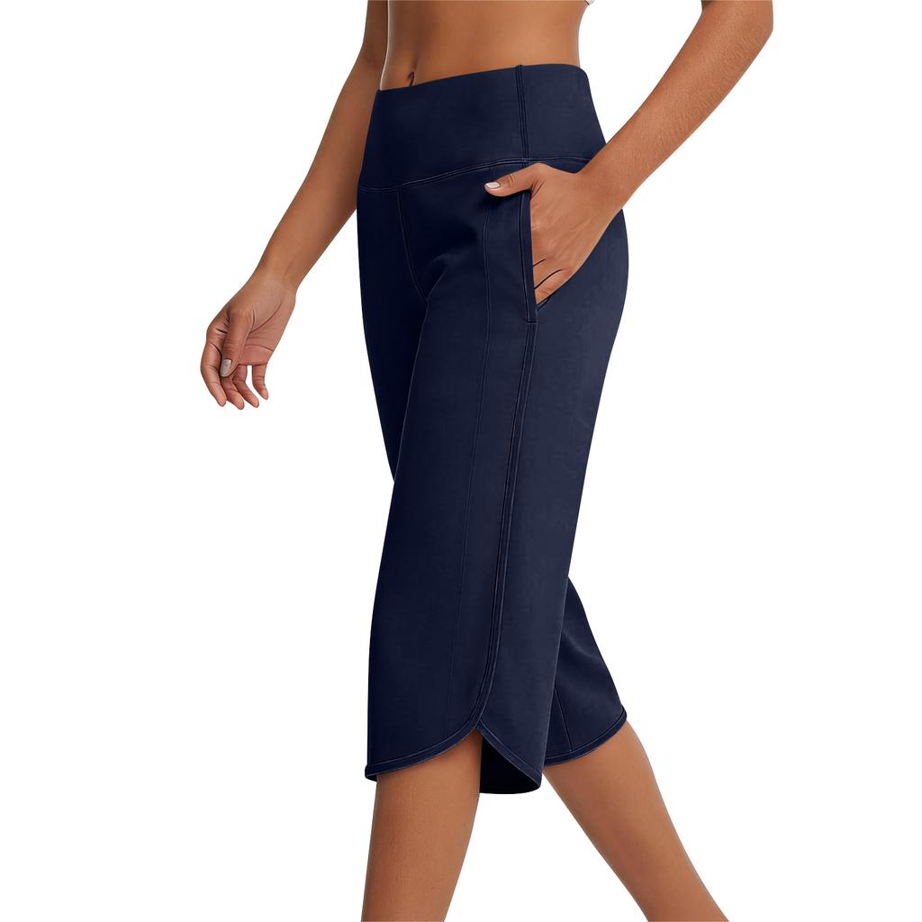 High Waist Wide Leg Capri Pants for Women with Pockets Loose Fit Stretchy Cropped Trousers for Sports Yoga Casual Wear