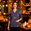 Women's Casual V-Neck Scrub Top with Pockets and Side Slits, 3/4 Sleeve Halloween Print