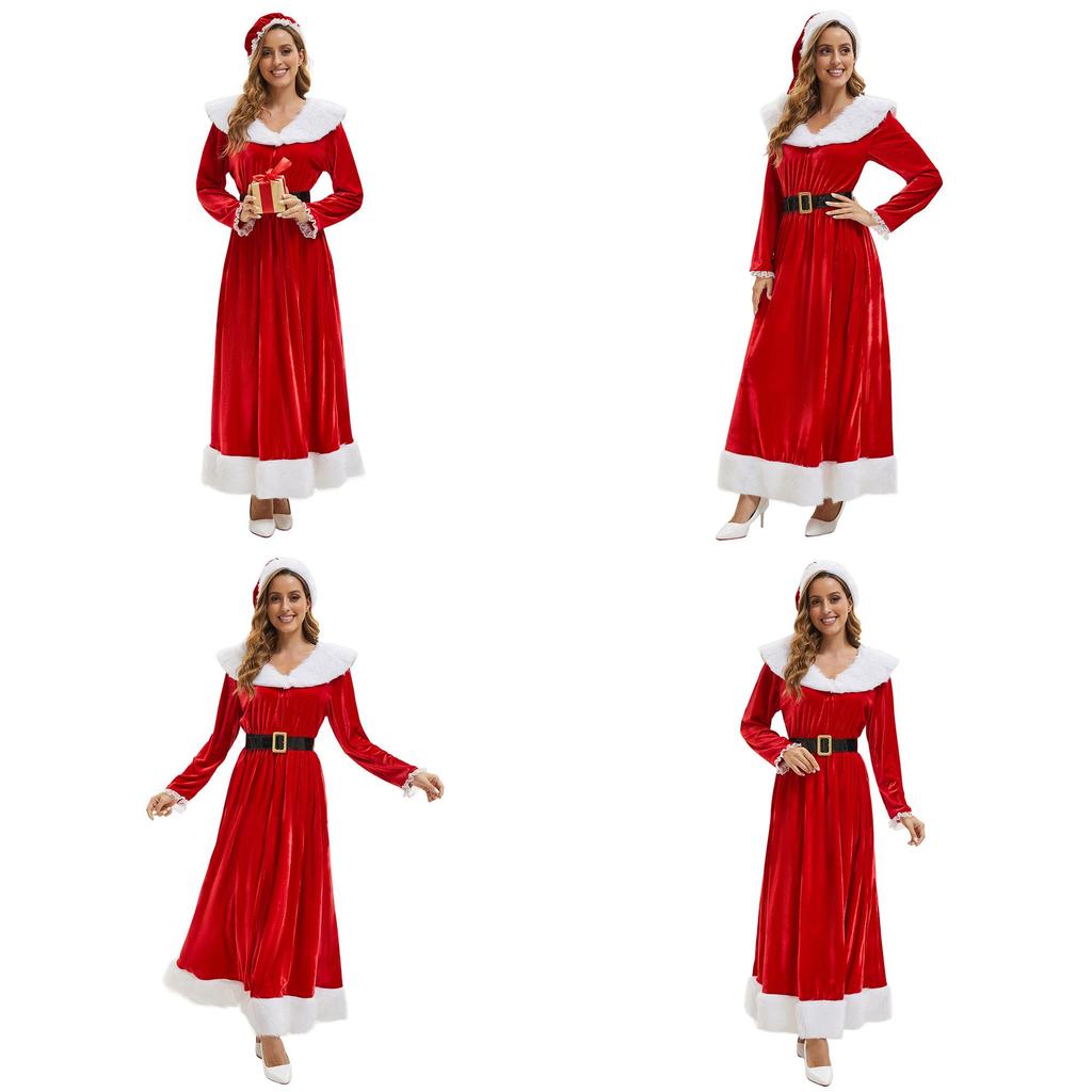 Women Elegant Velvet Long Dress With Hat And Belt For Christmas And Holiday Events