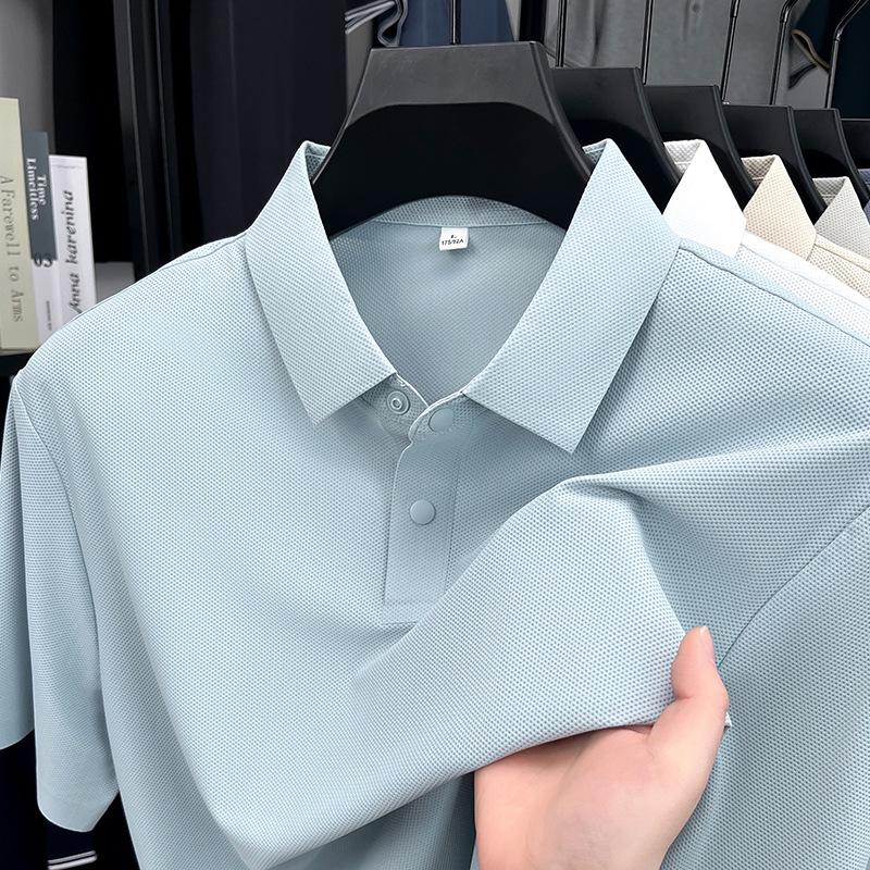 Men's High-End Ice Silk Short Sleeve Polo Shirt - Seamless Chinlon Spandex Turn-Down Collar Summer Top