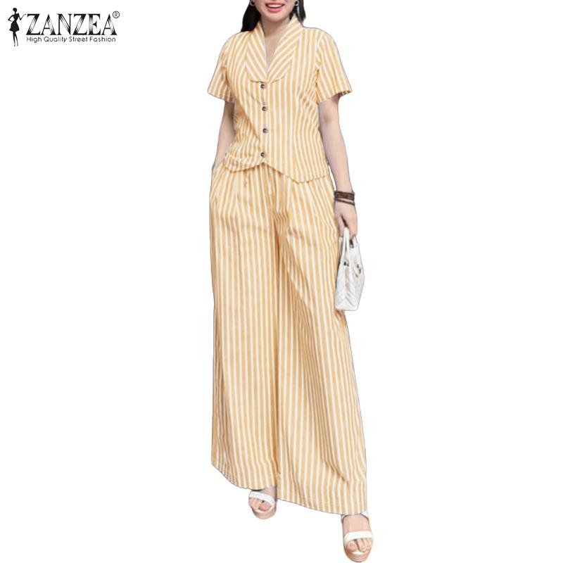 ZANZEA Women Short Sleeve Blouse and Pants Summer Stripe Print Two Piece Sets