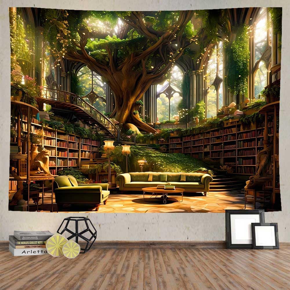 Ine Ive Fantasy Bibliothek Wandteppich, Baum Bücherregal Wanddekoration, 80x60 Zoll