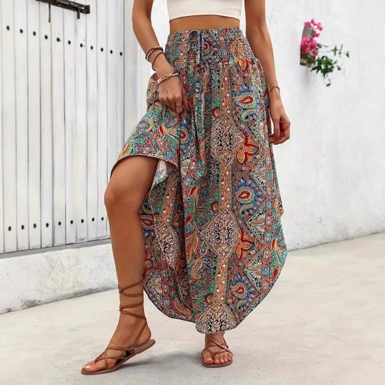 Boho Style Maxi Skirt Adjustable Drawstring High-Waisted Printing Skirt Flowy Large Hem A-Line Skirt Daily Wear