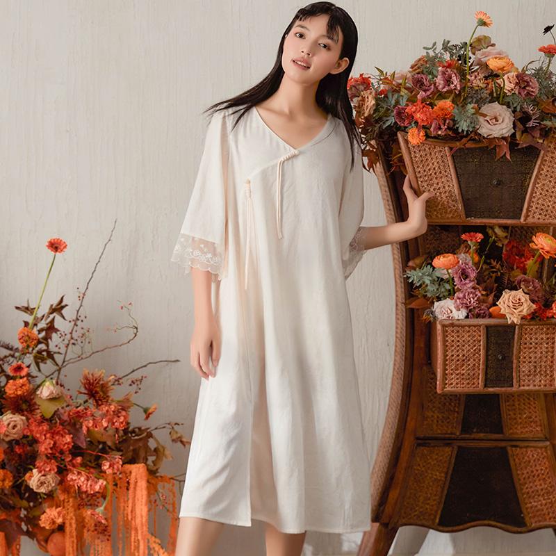 CHELNLSEEY Solid Color V-Neck Mid-Length Five-Quarter Sleeve Nightgown Women nightgown 24972