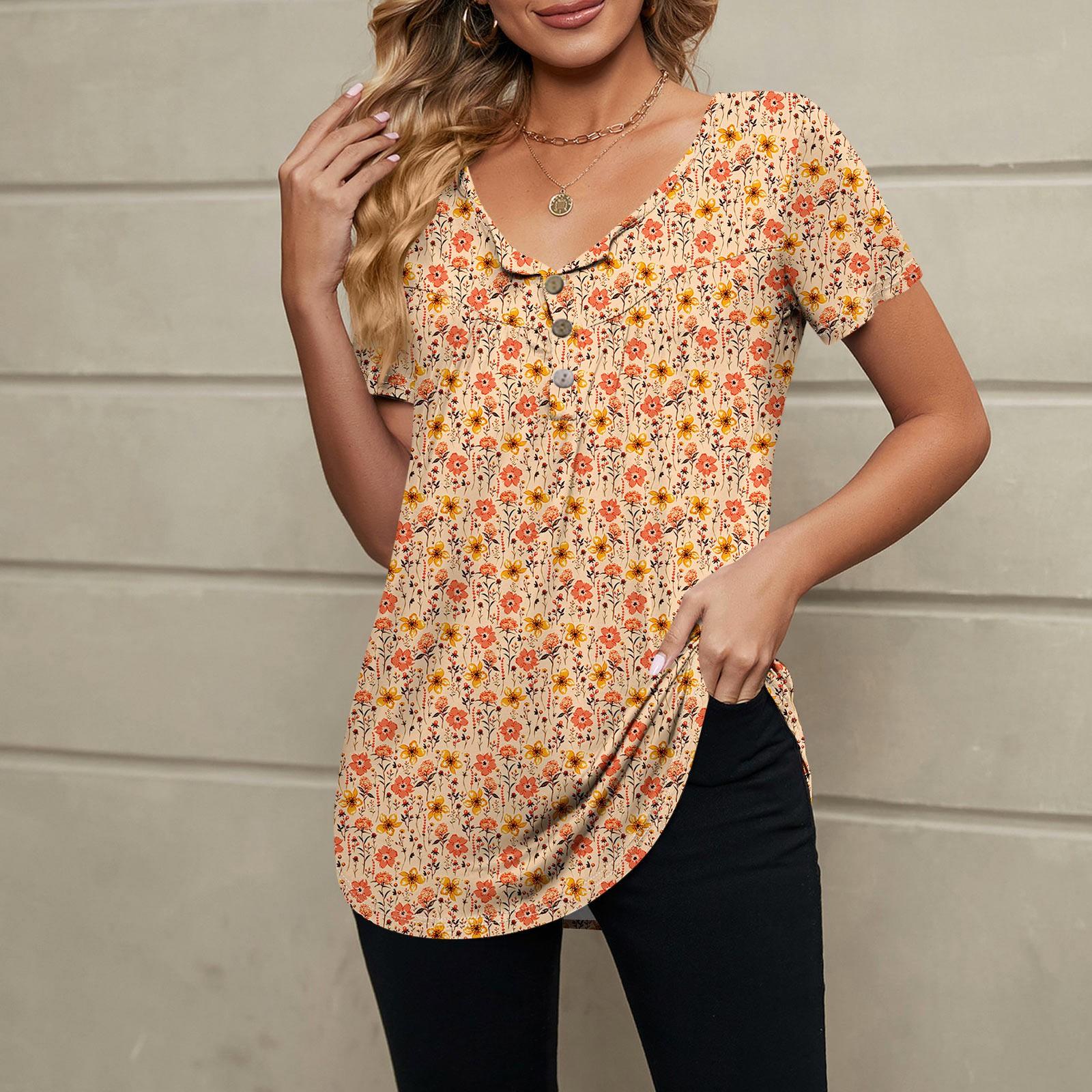 Женская модная повседневная футболка с v-образным вырезом и цветочным принтом — фото 11