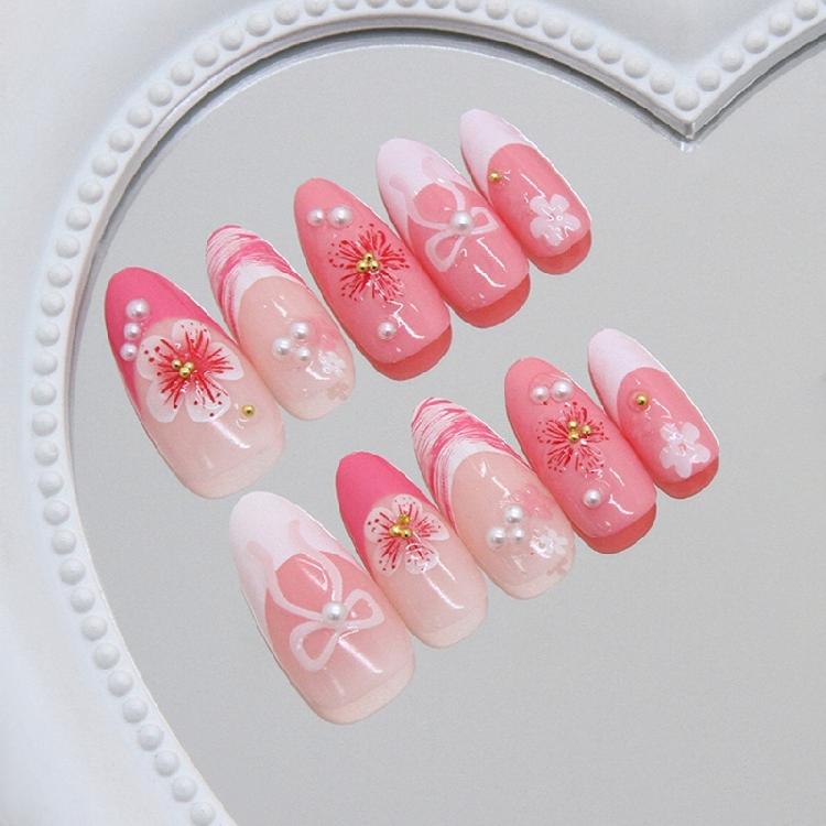 30Pcs Fashionable Press On Nail Showcasing 3D Ice Flowers And Pearls Bows For Instants Glamours