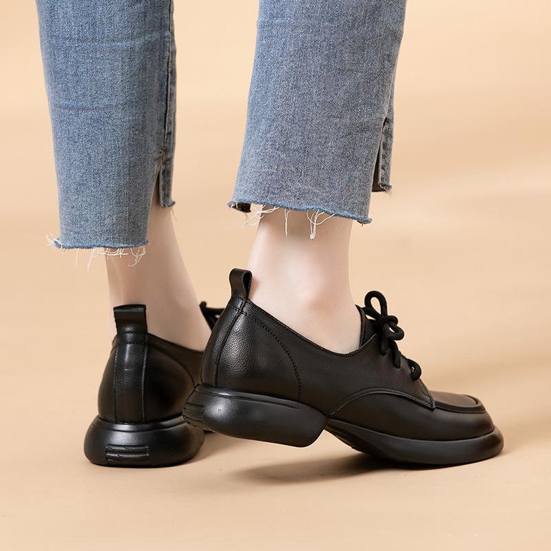 Fashion GKTINOO Platform Shoes Women Genuine Cow Leather Round Toe Sewing Lace-Up Chunky Sole Ladies Low Heels Shoes Handmade Plus Size