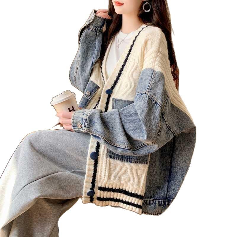 Japan and South Korea autumn and winter large size loose casual versatile cardigan sweater fat mm design sense splicing knitted denim jacket women